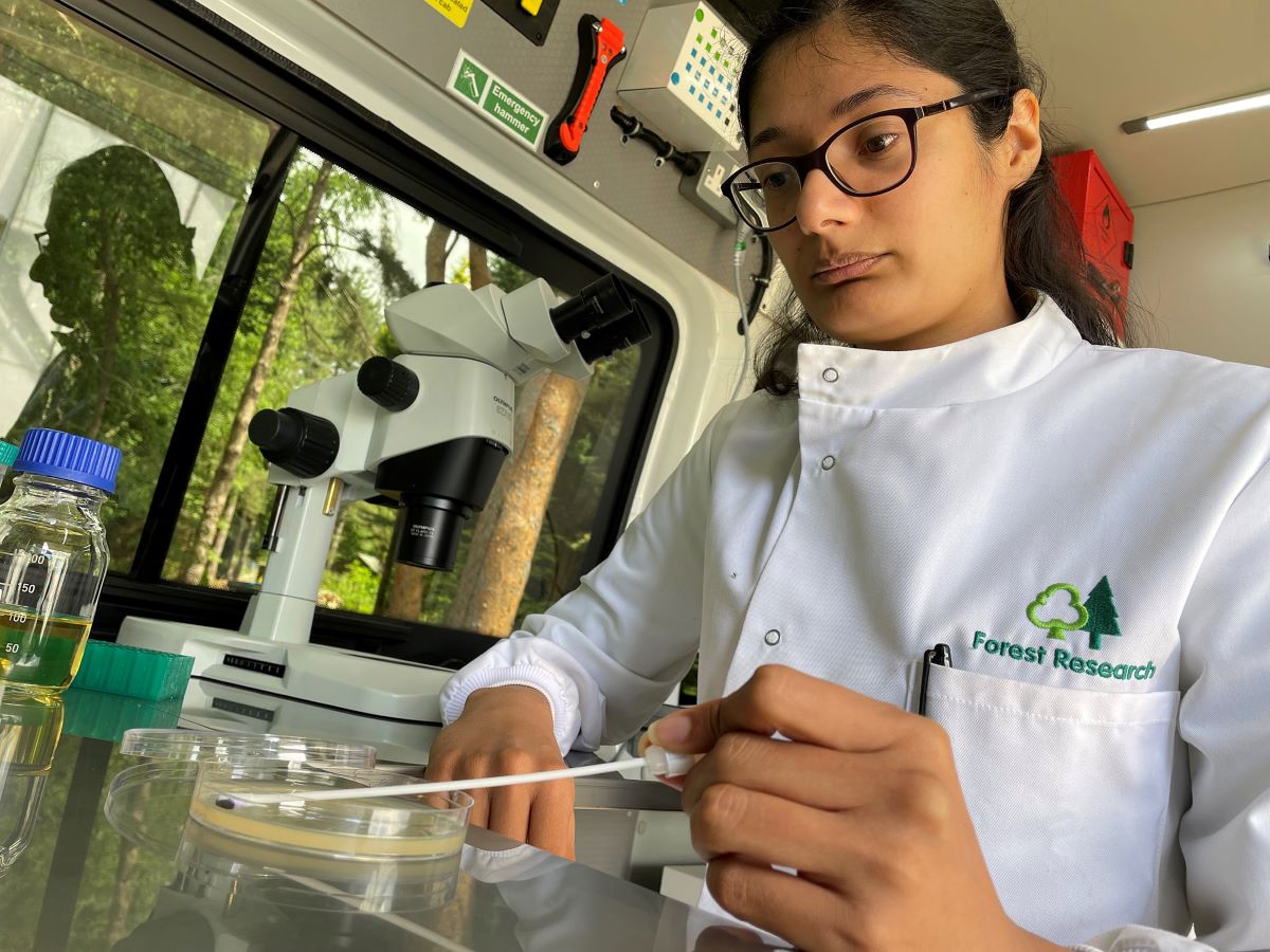 Scientist in a mobile lab carrying out a swab analysis