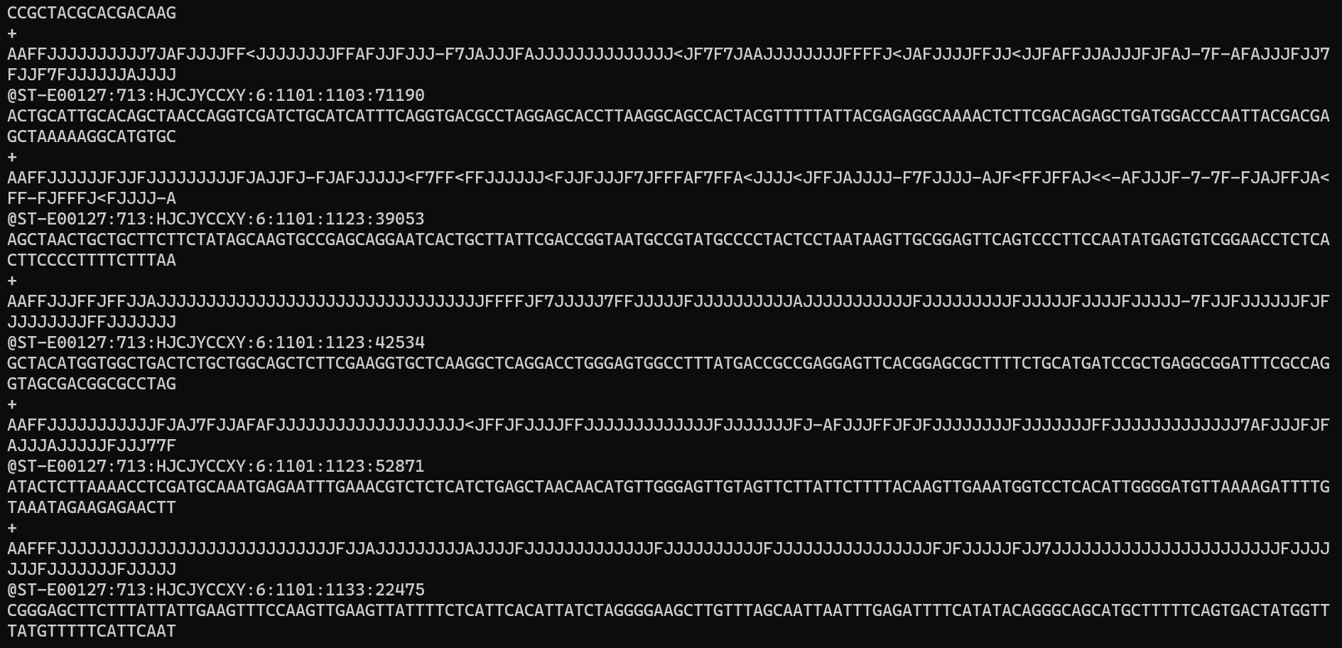 Screenshot of short read data - a series of letters representing quality codes and bases ATCG