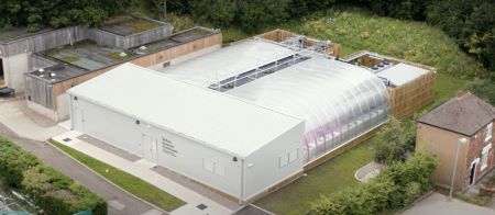 An aerial view of glasshouse research facilities