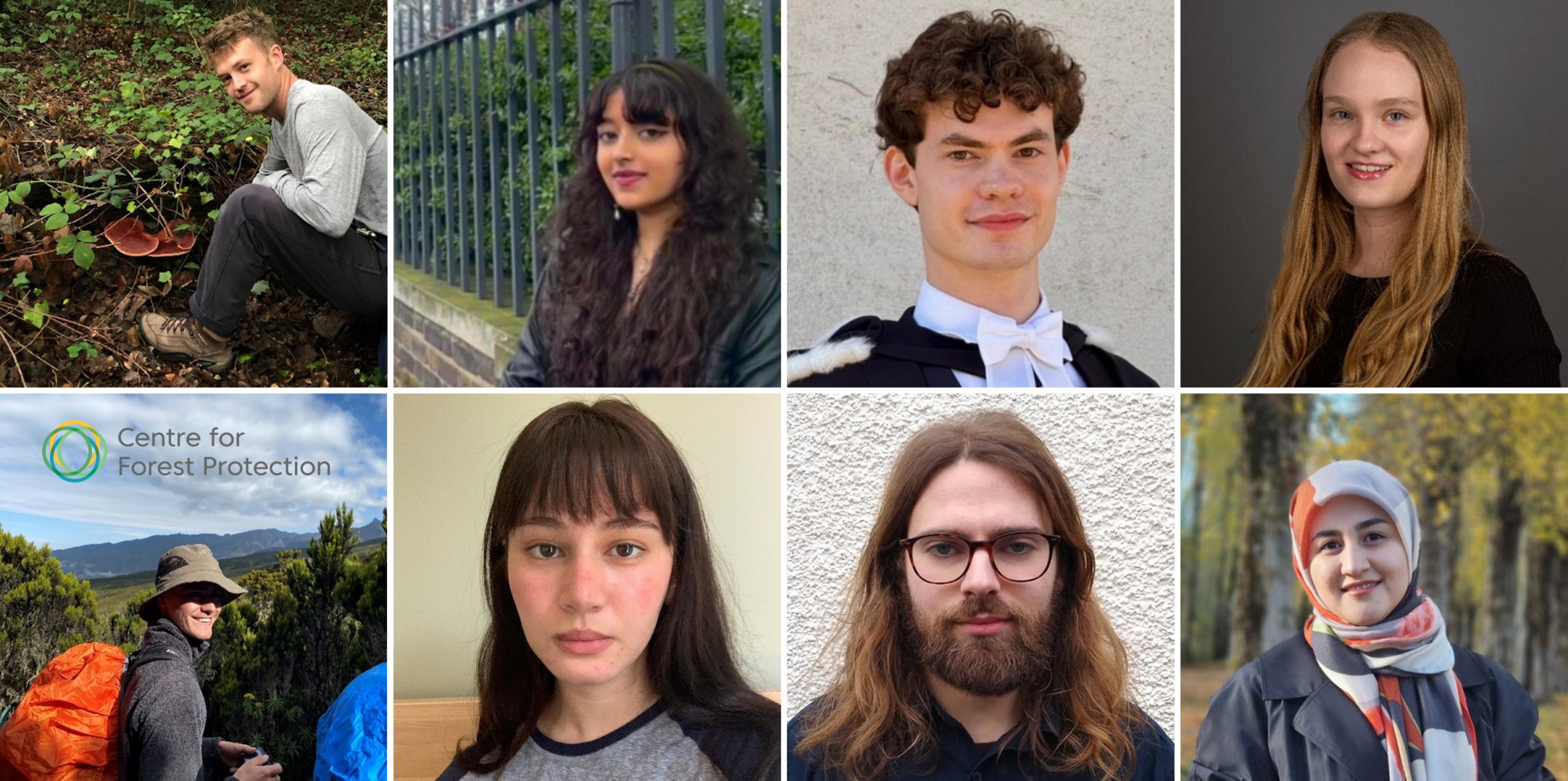 A collage of seven individuals shown in separate photos, each in different outdoor or neutral settings. The top row shows a person crouching in a forested area beside large mushrooms, a person standing near a metal fence with trees behind them, a person dressed in formal attire against a plain wall, and a person with long blonde hair dressed in black against a plain grey wall. The bottom row shows a hiker wearing a backpack in a mountainous landscape, a person indoors against a light-coloured wall, and two people standing against textured walls. The last image in the bottom right corner shows a person wearing a patterned headscarf and a dark coat stood on a tree-lined path.