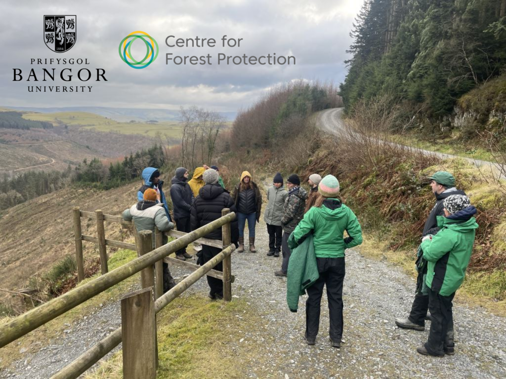 A group of 13 people dressed in winter clothing (thick jackets, walking trousers and boots), stood on a path to the left of a forest, with a valley in the background.