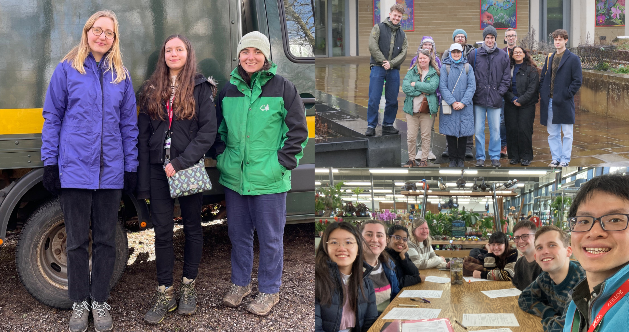 Composite image showing groups of people during group activities and visits. Left: three people standing outdoors beside a green vehicle, wearing outdoor coats and trousers on a gravel surface. Top right: a larger group standing outside a building with brick walls and colourful artwork, arranged on steps and pavement after rainfall. Bottom right: a group seated around a wooden table indoors, with papers and menus on the table and rows of plants and shelves visible behind them.