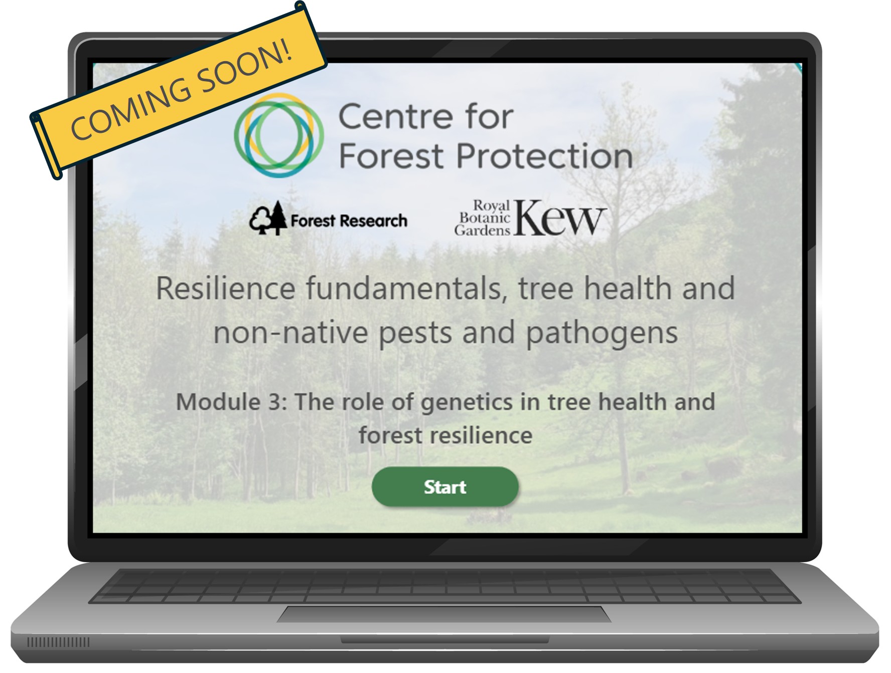 A laptop screen showing a Centre for Forest Protection online course page about tree health, forest resilience, and genetics, with logos for Forest Research and Royal Botanic Gardens, Kew, and a yellow “Coming soon” banner overlaying the top left corner of the laptop.
