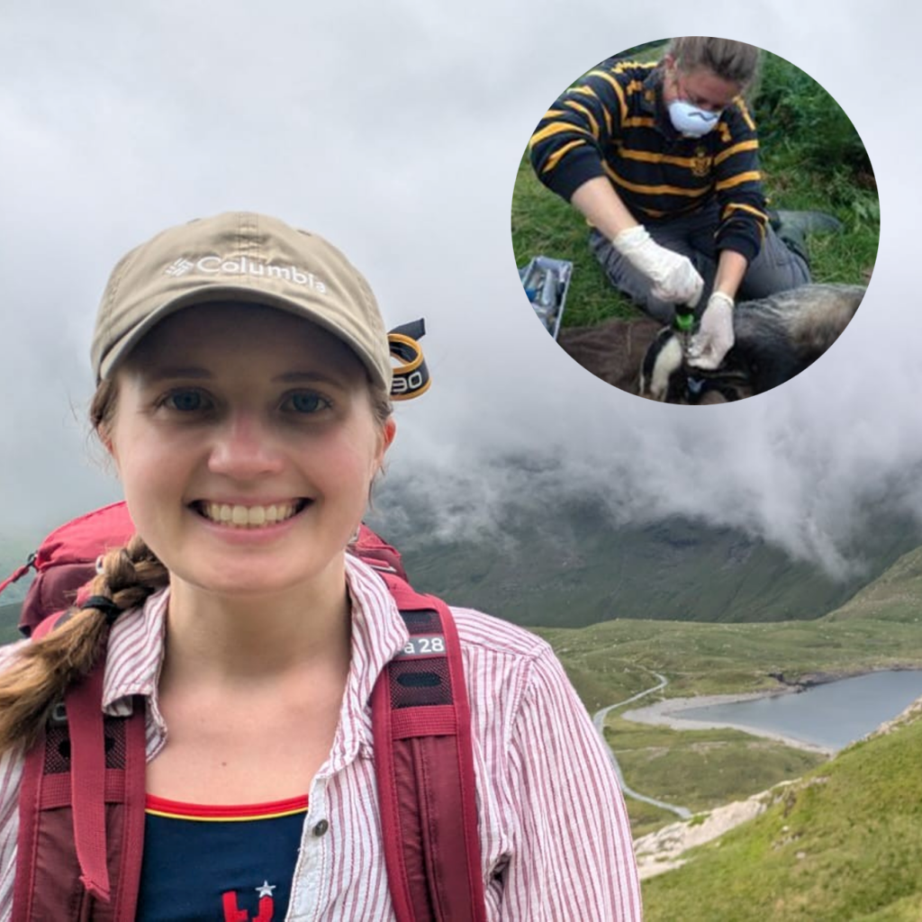 Portrait photo of a person wearing a beige Columbia cap and a red hiking backpack, standing on a mountain trail overlooking a lake and green hills partly covered by low clouds. In the top-right corner, a circular inset image shows a different person wearing gloves and a face mask while handling a badger during outdoor fieldwork.