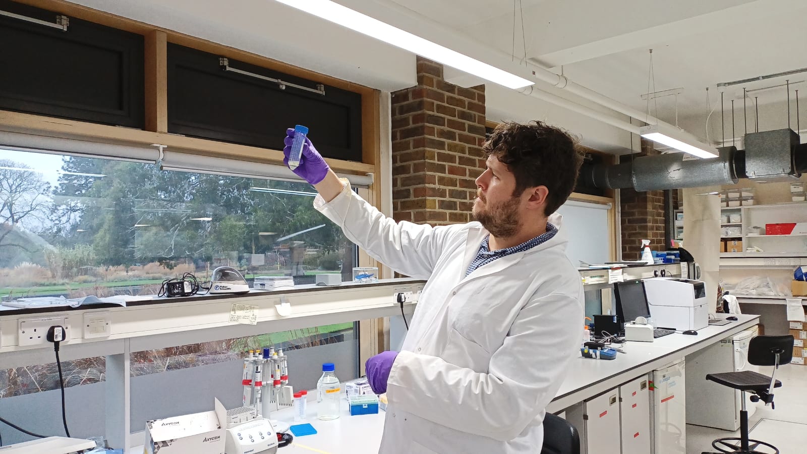 A person in a white lab coat and purple gloves examining a sample tube in a bright laboratory, with scientific equipment, pipettes and workbenches visible beside large windows overlooking a garden.
