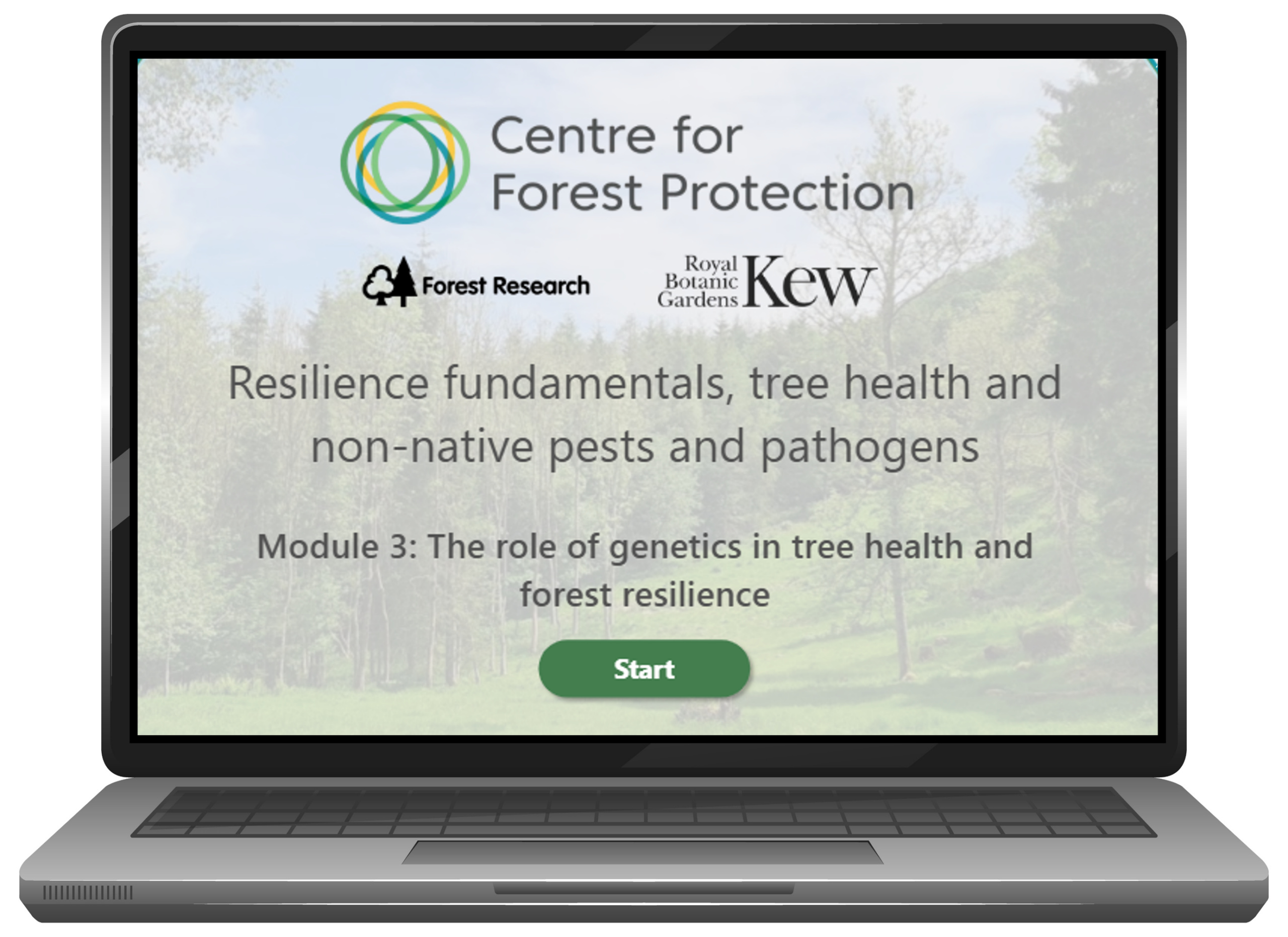 Module 3 Laptop Image Laptop screen displaying an online learning module from the Centre for Forest Protection, with logos for Forest Research and Royal Botanic Gardens, Kew. The screen text reads: “Resilience fundamentals, tree health and non-native pests and pathogens” and “Module 3: The role of genetics in tree health and forest resilience,” with a green “Start” button below. The laptop is shown against a light background.