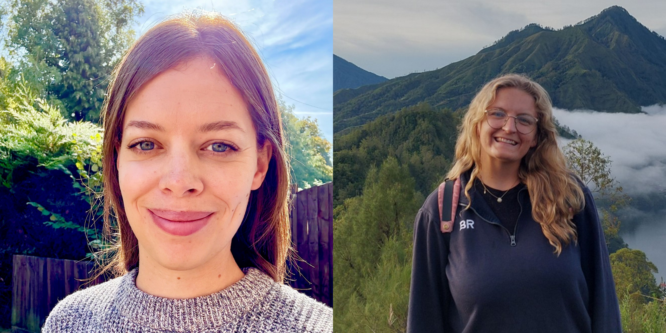 Side-by-side portrait photographs of two people outdoors. The left image shows a person in a grey knitted jumper standing in front of a garden fence with trees and greenery in the background. The right image shows a person wearing a dark fleece and glasses, standing in front of a mountainous landscape with low cloud or mist over water. Both photographs are head-and-shoulders portraits taken in natural daylight.